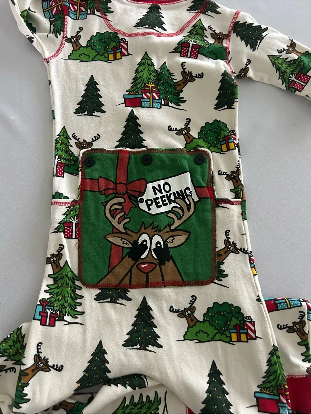 Lazy One Kids Cream Holiday Tree & Reindeer Pajama One-Piece No Peeking Flap